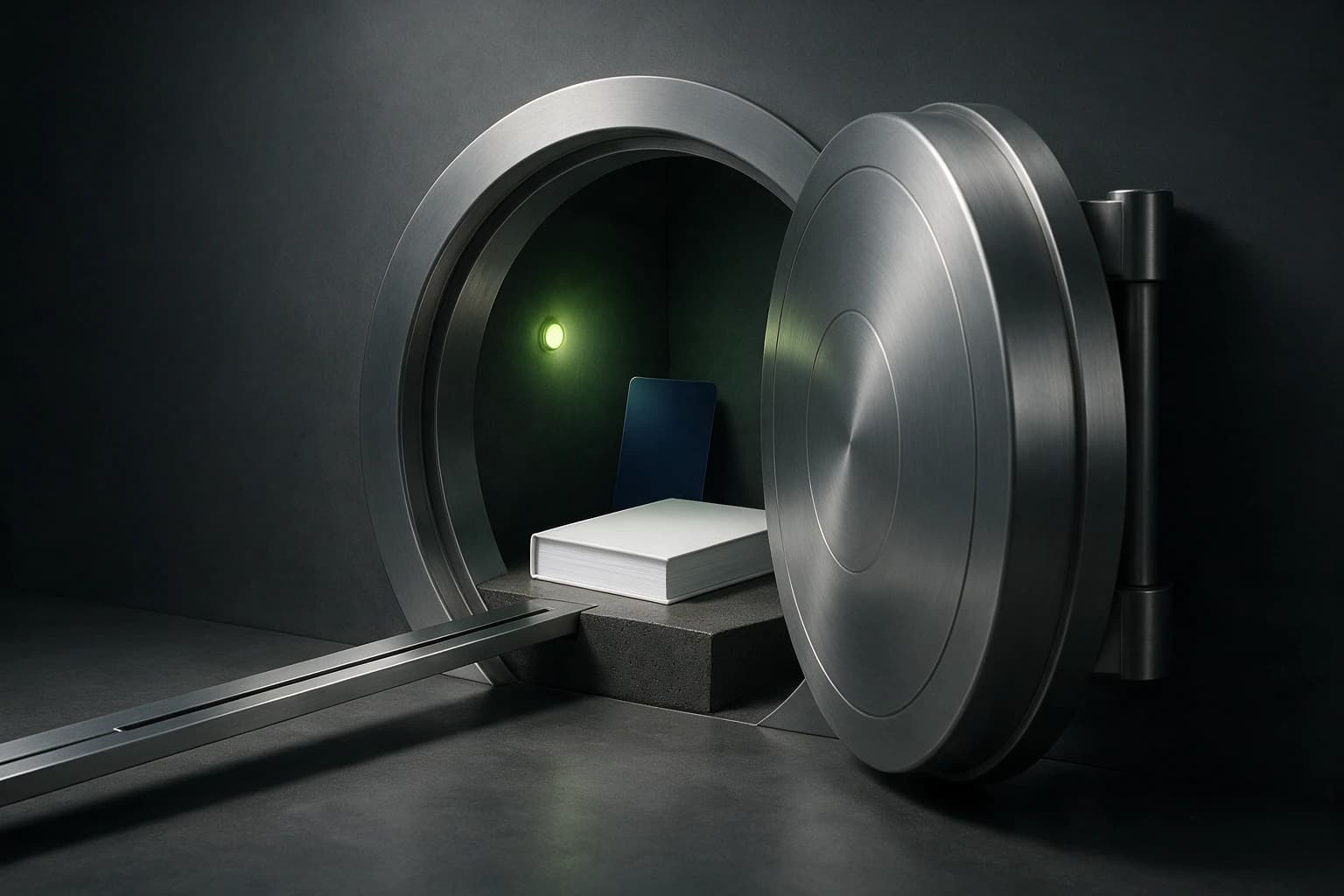 A secure bank vault protecting a ledger and payment card