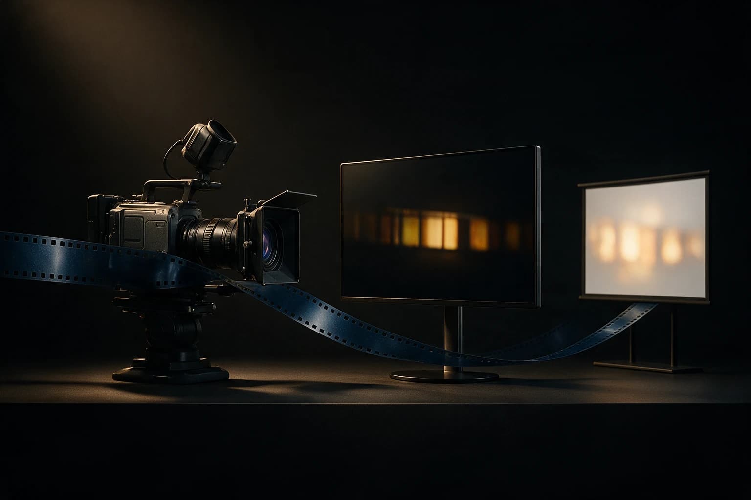 A cinema camera, editing monitor and projection screen joined by a film ribbon