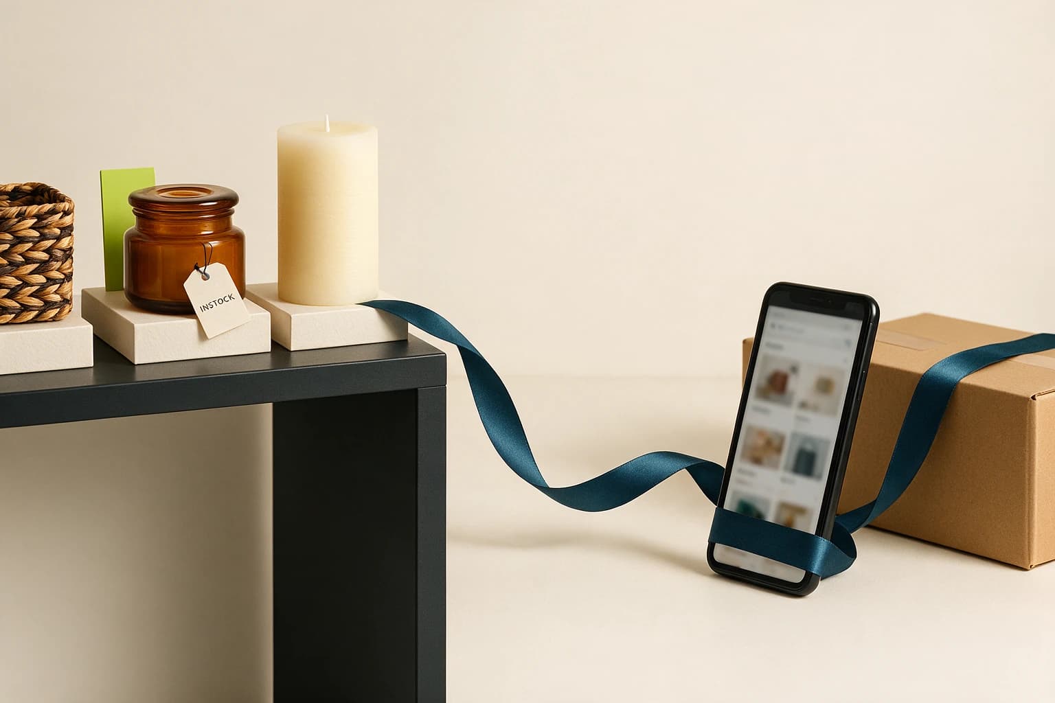 A retail shelf, mobile shop and parcel connected by one fulfilment ribbon