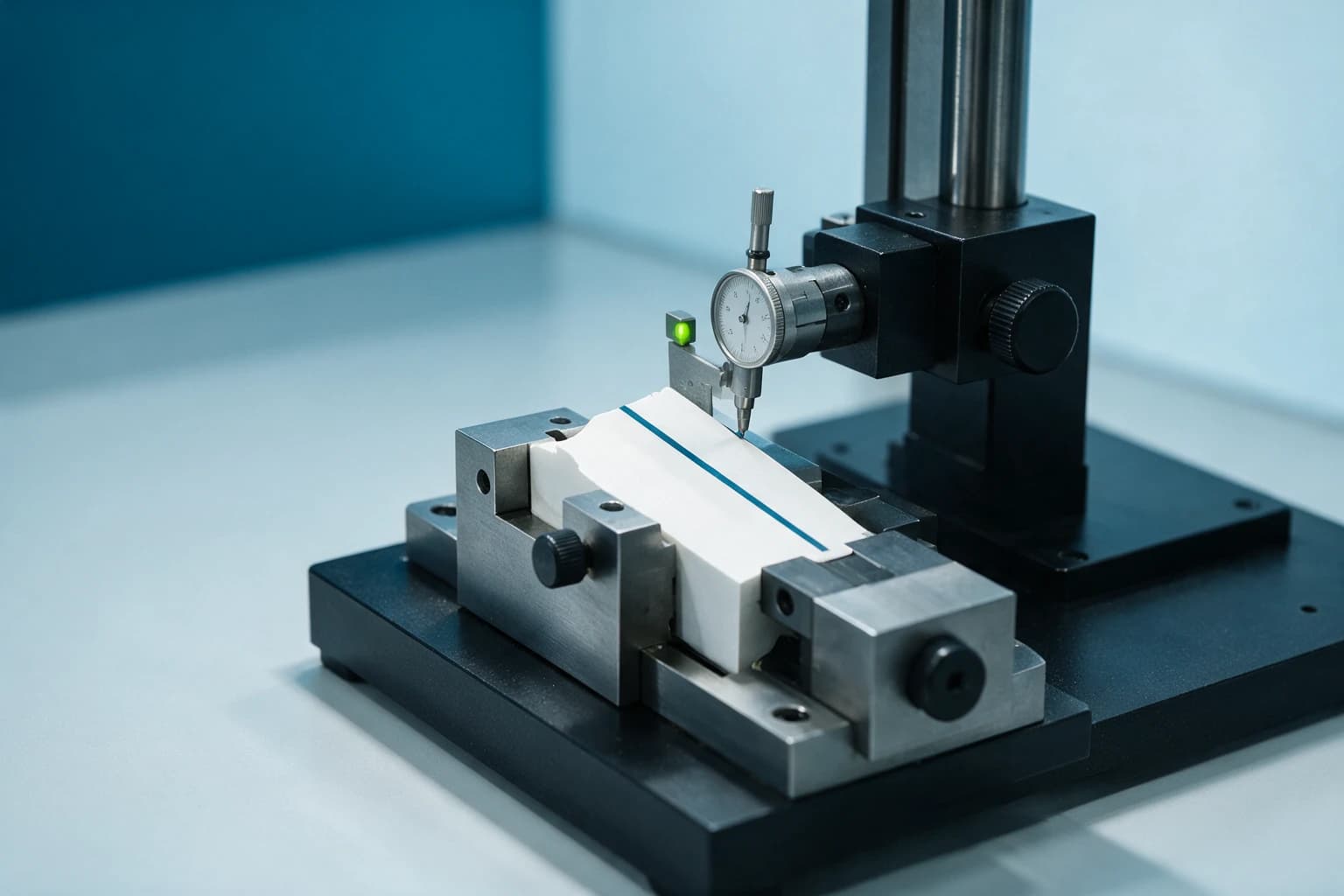 A component being measured in a precision quality-assurance jig